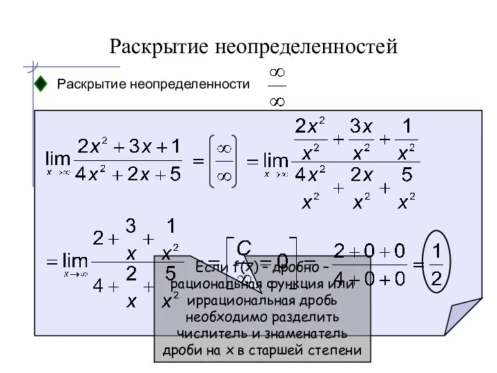 Раскрытие неопределенностей Раскрытие неопределенности Если f(x) – дробно – рациональная