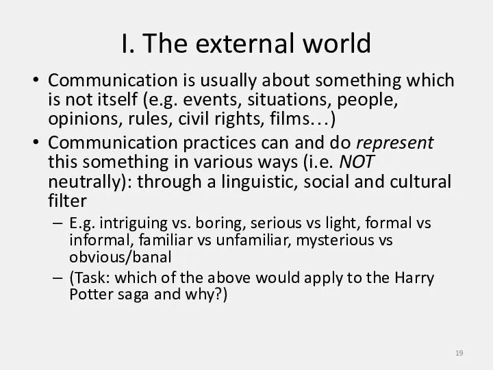 I. The external world Communication is usually about something which