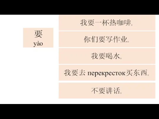 要 yào 我要一杯热咖啡。 我要去 перекресток买东西。 你们要写作业。 我要喝水。 不要讲话。