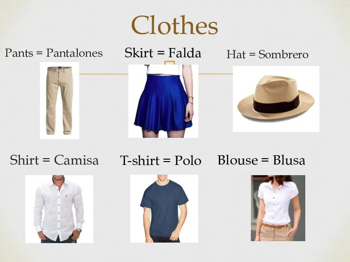 Clothes Hat = Sombrero Pants = Pantalones Skirt = Falda