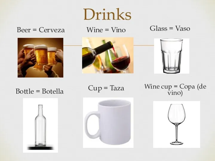 Drinks Beer = Cerveza Wine = Vino Cup = Taza