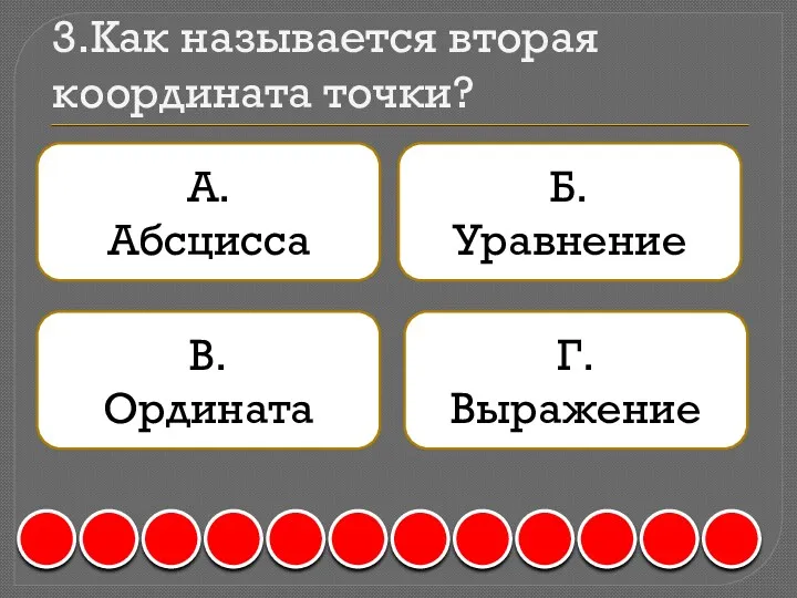 3.Как называется вторая координата точки? А. Абсцисса Б. Уравнение В. Ордината Г. Выражение