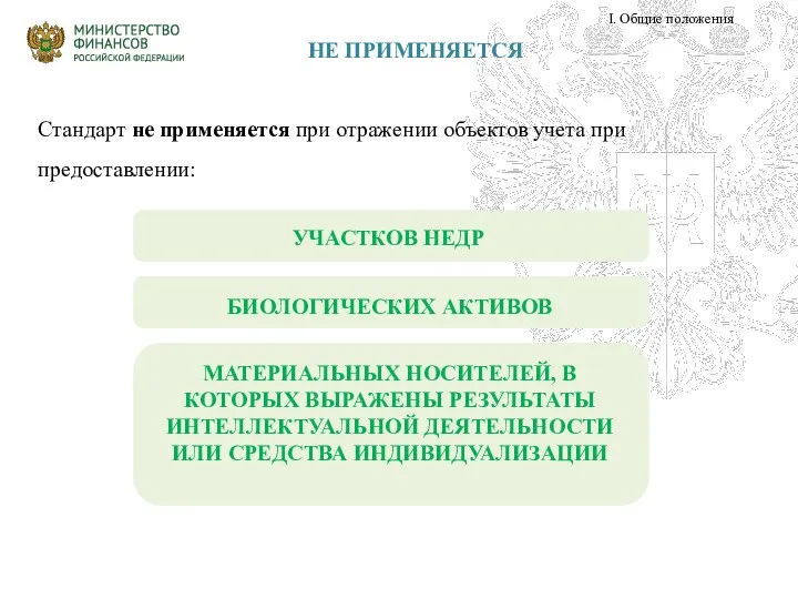 НЕ ПРИМЕНЯЕТСЯ I. Общие положения Стандарт не применяется при отражении объектов учета при предоставлении: