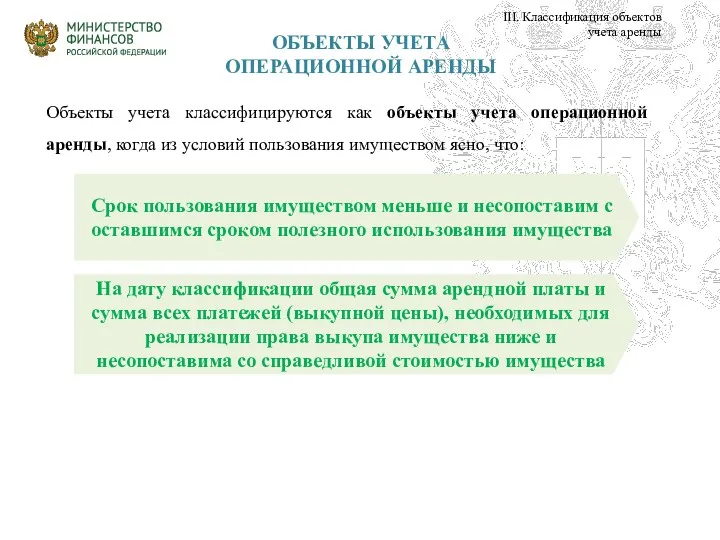 ОБЪЕКТЫ УЧЕТА ОПЕРАЦИОННОЙ АРЕНДЫ Срок пользования имуществом меньше и несопоставим