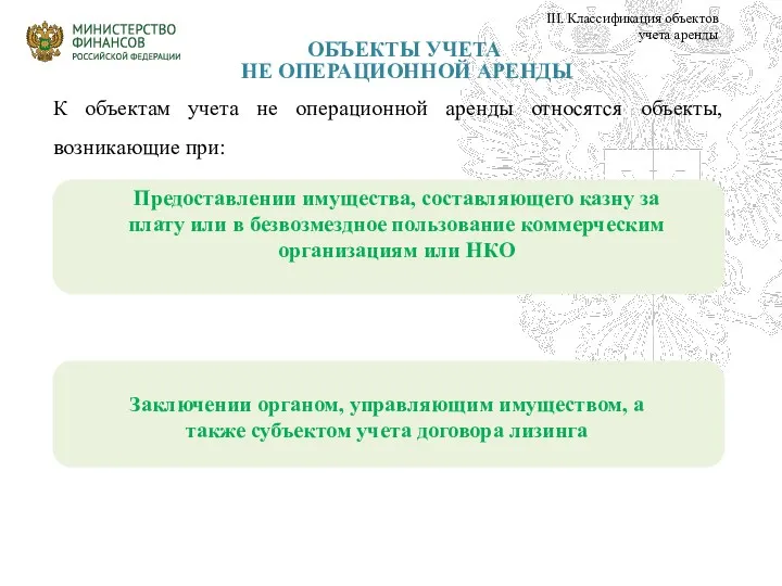 ОБЪЕКТЫ УЧЕТА НЕ ОПЕРАЦИОННОЙ АРЕНДЫ III. Классификация объектов учета аренды