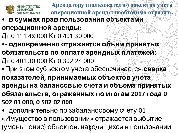 •- в суммах прав пользования объектами операционной аренды: Дт 0