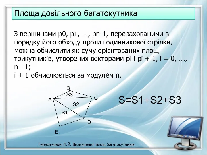 Герасимович Л.Й. Визначення площ багатокутників Площа довільного багатокутника З вершинами