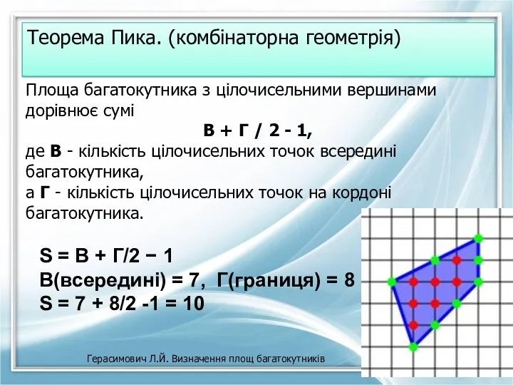 Теорема Пика. (комбінаторна геометрія) Герасимович Л.Й. Визначення площ багатокутників Площа