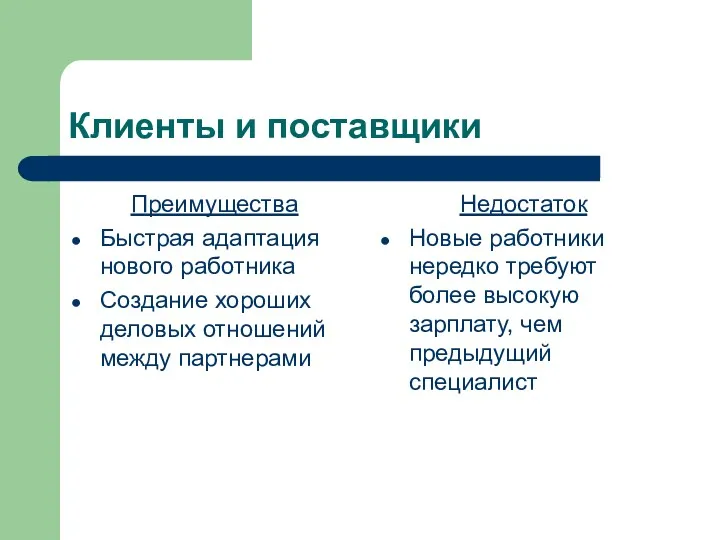 Клиенты и поставщики Преимущества Быстрая адаптация нового работника Создание хороших