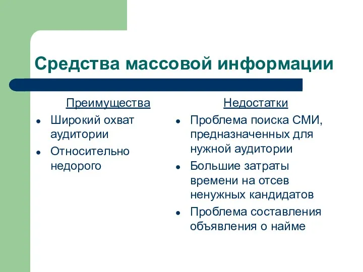 Средства массовой информации Преимущества Широкий охват аудитории Относительно недорого Недостатки