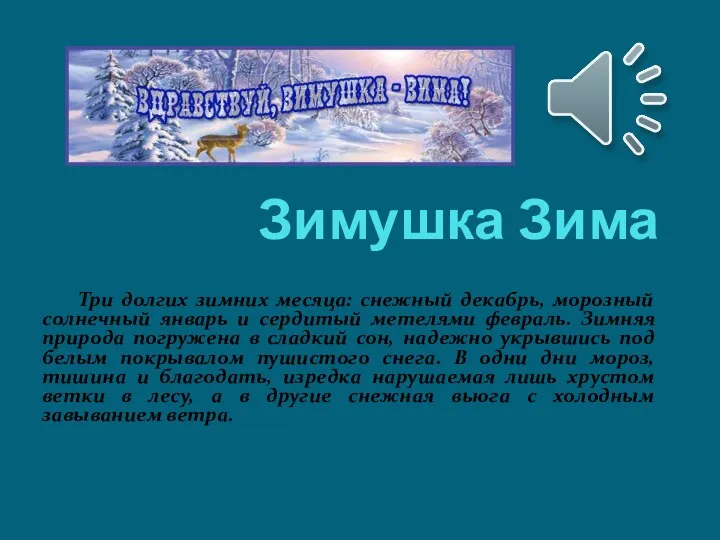 Зимушка Зима Три долгих зимних месяца: снежный декабрь, морозный солнечный