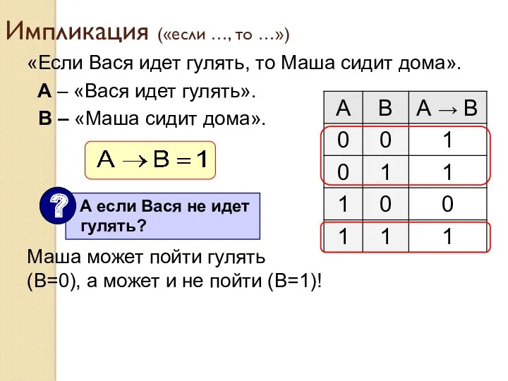 Импликация («если …, то …») «Если Вася идет гулять, то