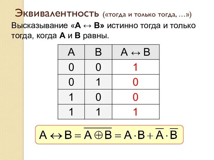 Эквивалентность («тогда и только тогда, …») Высказывание «A ↔ B»