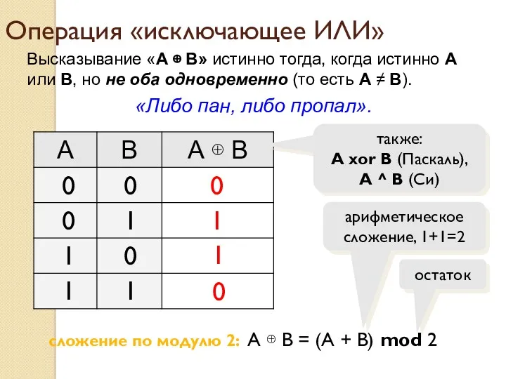 Операция «исключающее ИЛИ» Высказывание «A ⊕ B» истинно тогда, когда