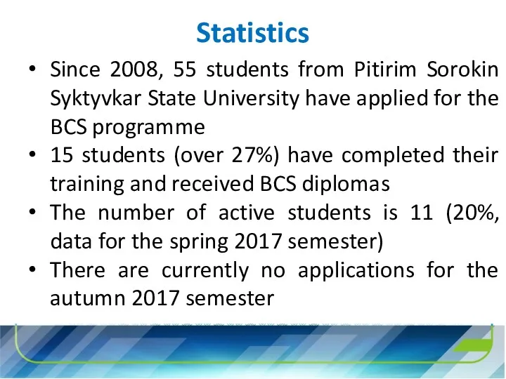 Statistics Since 2008, 55 students from Pitirim Sorokin Syktyvkar State