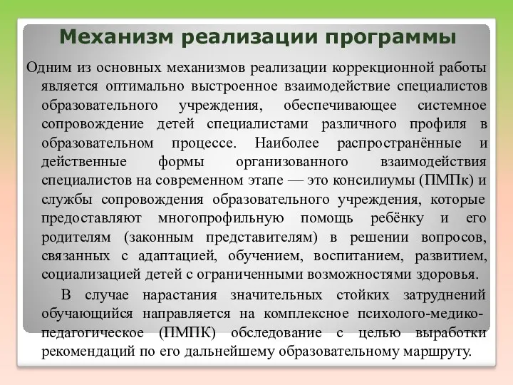 Механизм реализации программы Одним из основных механизмов реализации коррекционной работы