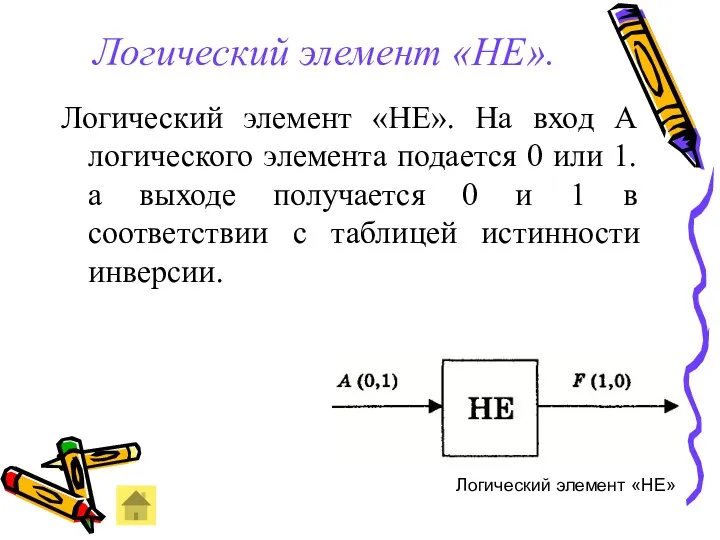 Логический элемент «НЕ». Логический элемент «НЕ». На вход А логического