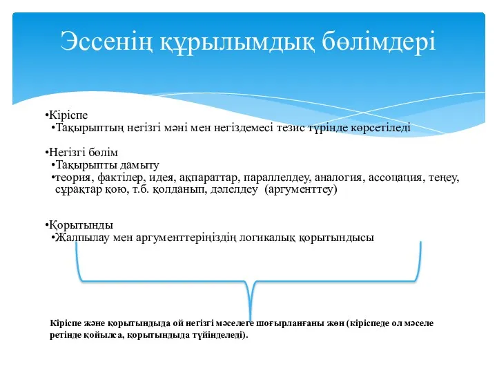 Эссенің құрылымдық бөлімдері Кіріспе Тақырыптың негізгі мәні мен негіздемесі тезис