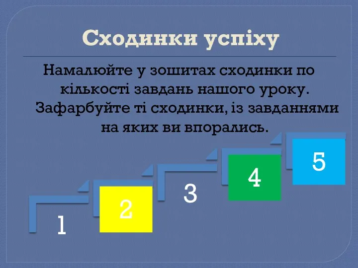 Сходинки успіху Намалюйте у зошитах сходинки по кількості завдань нашого уроку. Зафарбуйте ті