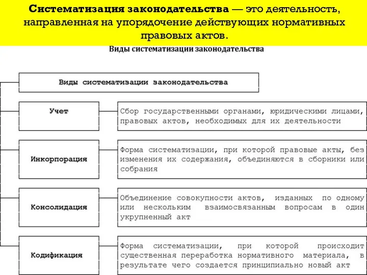 Систематизация законодательства — это деятельность, направленная на упорядочение действующих нормативных правовых актов.