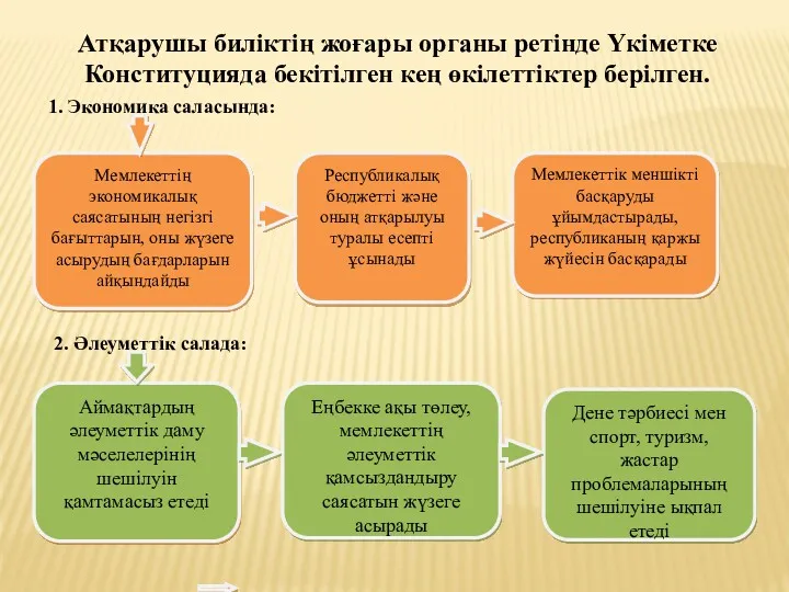 Атқарушы биліктің жоғары органы ретінде Үкіметке Конституцияда бекітілген кең өкілеттіктер