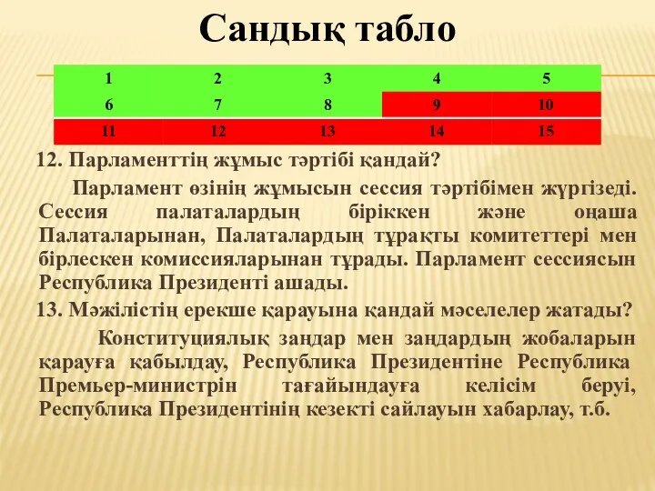 Сандық табло 12. Парламенттің жұмыс тәртібі қандай? Парламент өзінің жұмысын