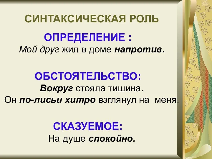 СИНТАКСИЧЕСКАЯ РОЛЬ ОПРЕДЕЛЕНИЕ : Мой друг жил в доме напротив.