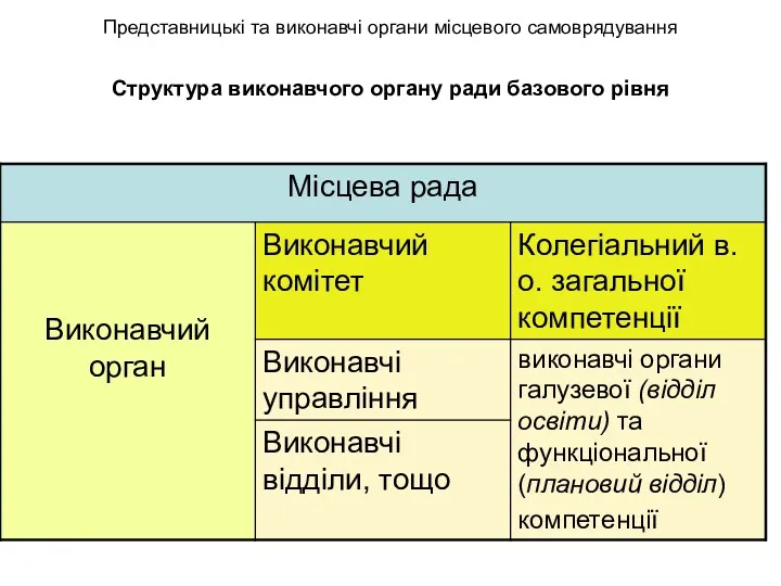 Представницькі та виконавчі органи місцевого самоврядування Структура виконавчого органу ради базового рівня