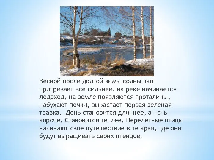 Весной после долгой зимы солнышко пригревает все сильнее, на реке