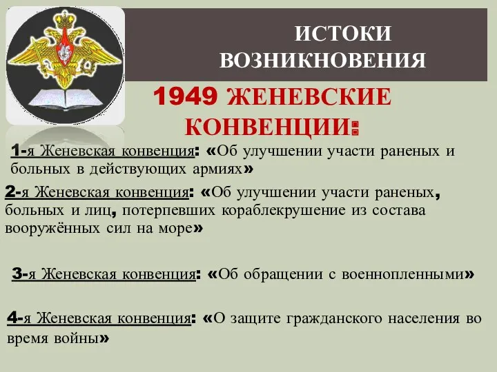 1949 ЖЕНЕВСКИЕ КОНВЕНЦИИ: 1-я Женевская конвенция: «Об улучшении участи раненых