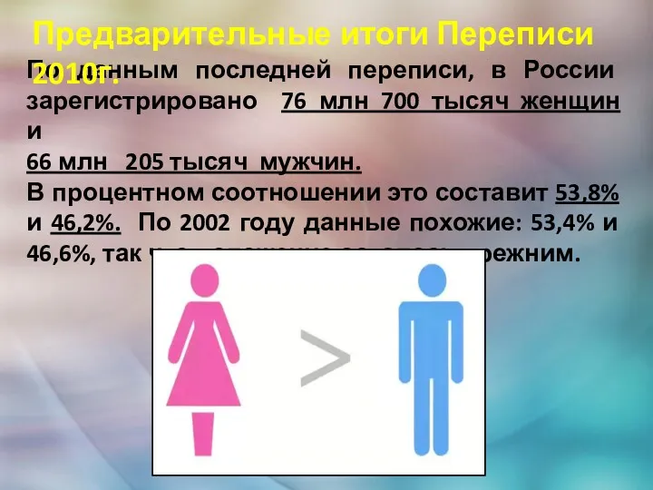 По данным последней переписи, в России зарегистрировано 76 млн 700 тысяч женщин и