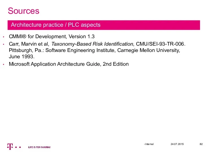 Sources 24.07.2015 -Internal Architecture practice / PLC aspects CMMI® for