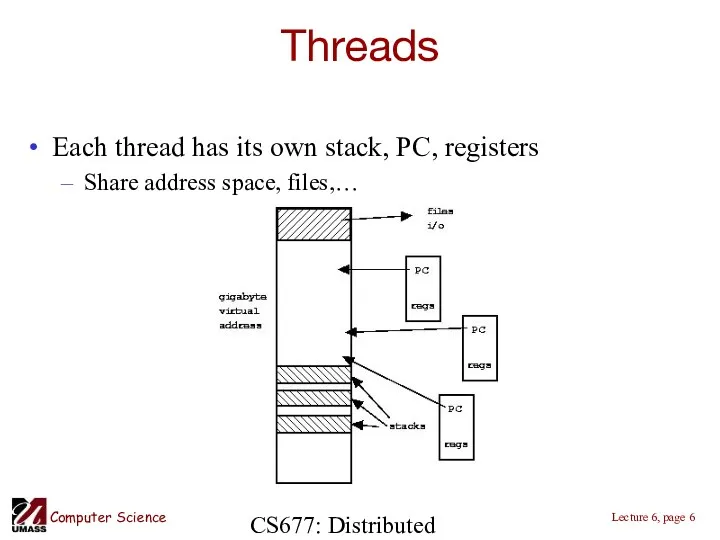 CS677: Distributed OS Threads Each thread has its own stack, PC, registers Share address space, files,…