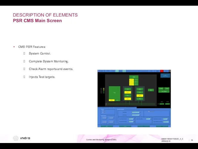 DESCRIPTION OF ELEMENTS PSR CMS Main Screen CMS PSR Features: