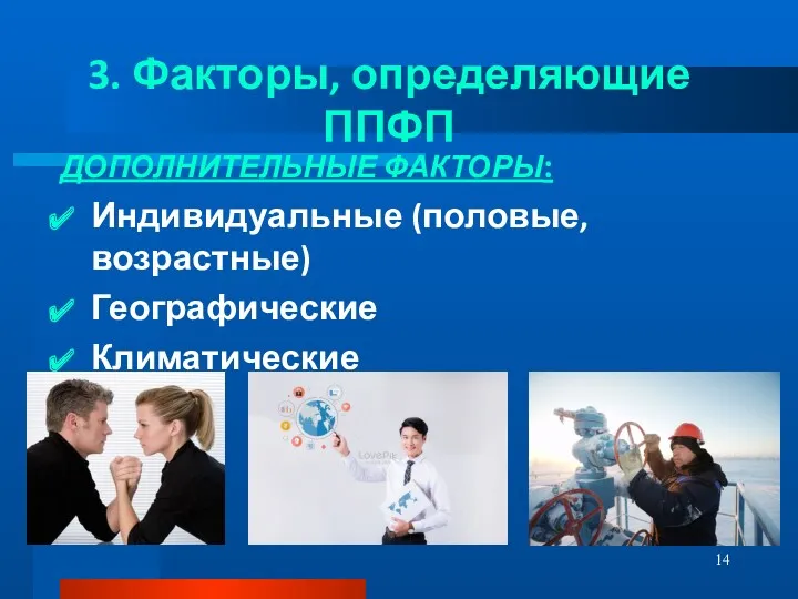 3. Факторы, определяющие ППФП ДОПОЛНИТЕЛЬНЫЕ ФАКТОРЫ: Индивидуальные (половые, возрастные) Географические Климатические