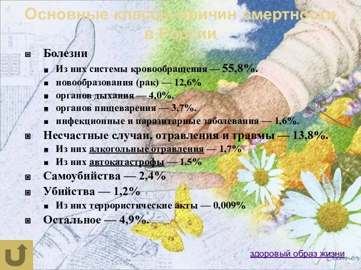 Основные классы причин смертности в России Болезни Из них системы кровообращения — 55,8%.