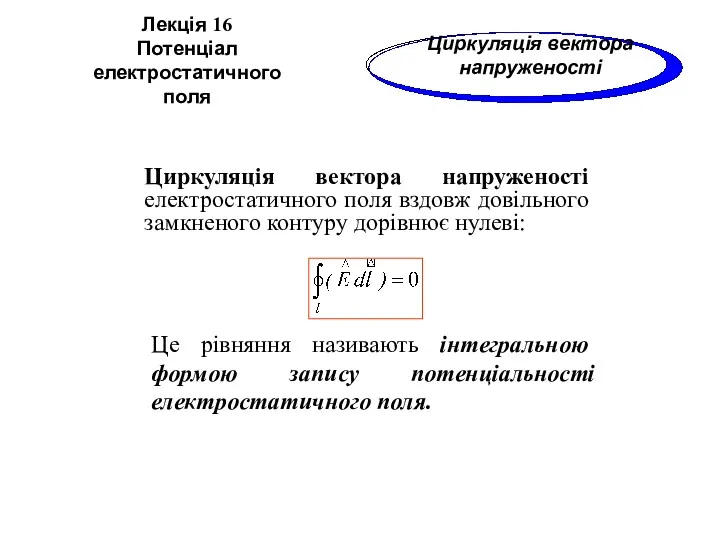 Циркуляція вектора напруженості електростатичного поля вздовж довільного замкненого контуру дорівнює нулеві: Лекція 16