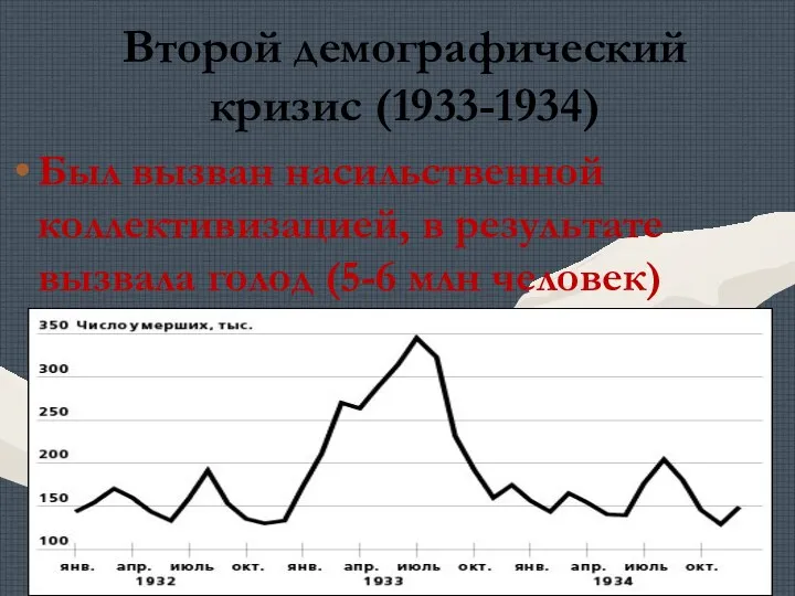 Второй демографический кризис (1933-1934) Был вызван насильственной коллективизацией, в результате вызвала голод (5-6 млн человек)