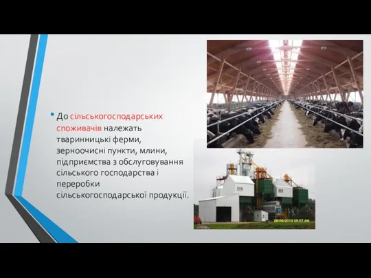 До сільськогосподарських споживачів належать тваринницькі ферми, зерноочисні пункти, млини, підприємства