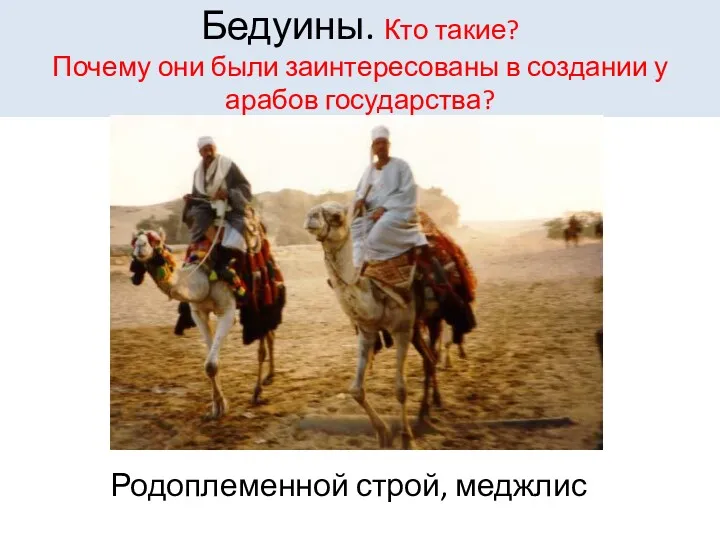 Бедуины. Кто такие? Почему они были заинтересованы в создании у арабов государства? Родоплеменной строй, меджлис