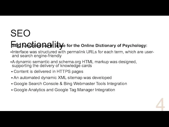SEO Functionality SEO functions put in place for the Online Dictionary of Psychology:
