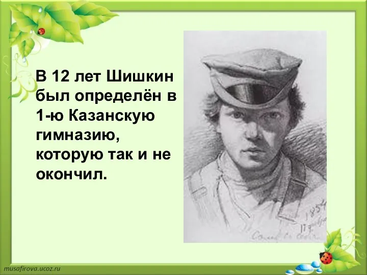 В 12 лет Шишкин был определён в 1-ю Казанскую гимназию, которую так и не окончил.