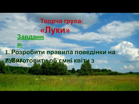 Творча група: «Луки» Завдання: 1. Розробити правила поведінки на луках. 2. Виготовити об'ємні квіти з паперу.