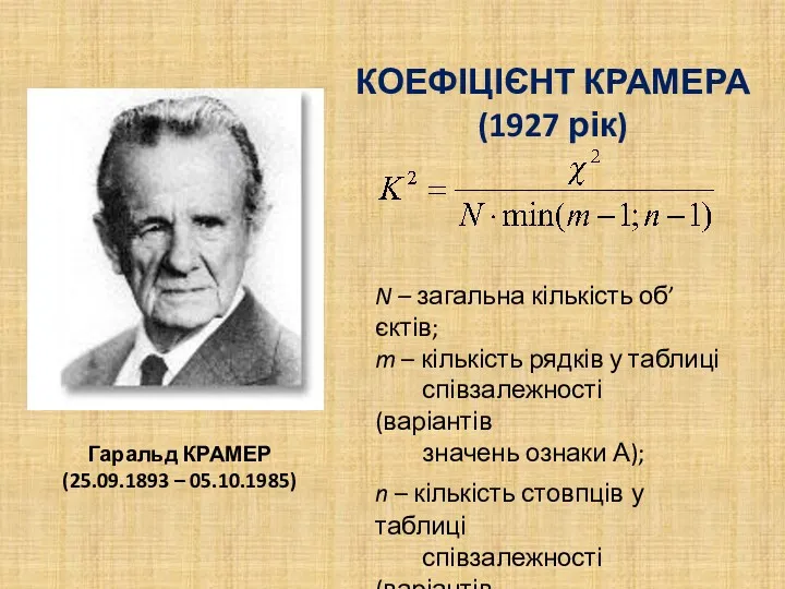 КОЕФІЦІЄНТ КРАМЕРА (1927 рік) Гаральд КРАМЕР (25.09.1893 – 05.10.1985) N