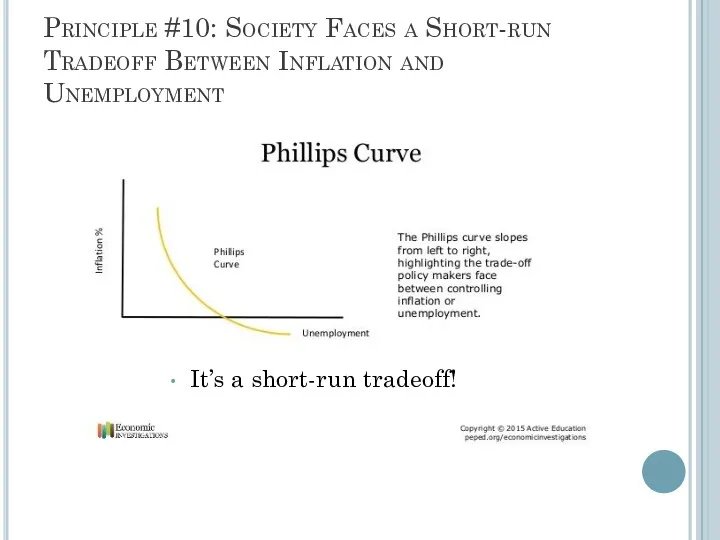 Principle #10: Society Faces a Short-run Tradeoff Between Inflation and Unemployment It’s a short-run tradeoff!