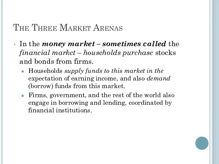 The Three Market Arenas In the money market – sometimes
