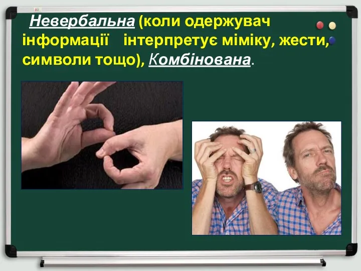 Невербальна (коли одержувач інформації інтерпретує міміку, жести, символи тощо), Комбінована.