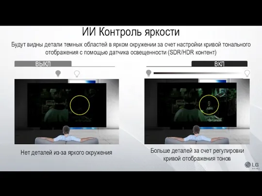 ИИ Контроль яркости Будут видны детали темных областей в ярком