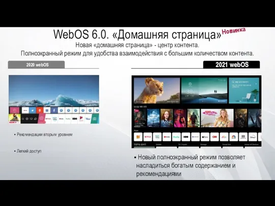 2020 webOS 2021 webOS Новая «домашняя страница» - центр контента.