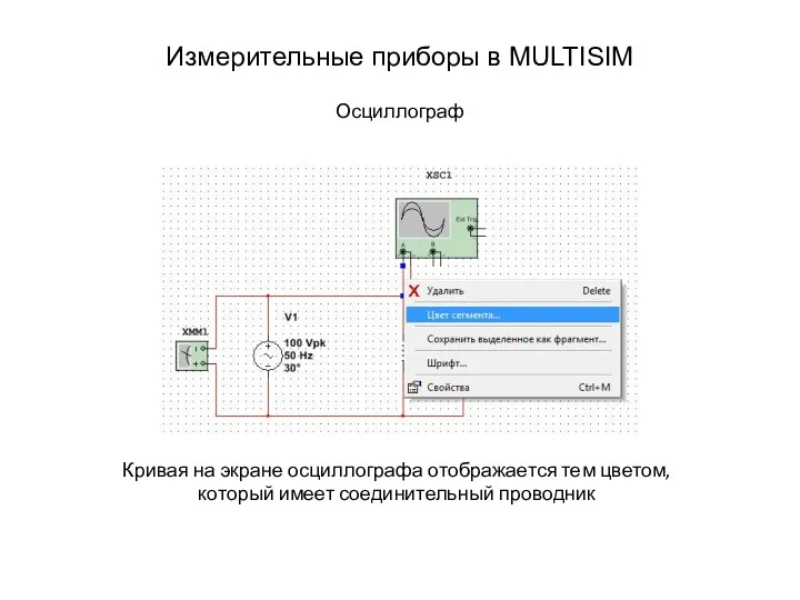 Измерительные приборы в MULTISIM Осциллограф Кривая на экране осциллографа отображается тем цветом, который имеет соединительный проводник